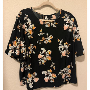 Who What Wear 1X Black Floral Blouse Plus Size Short Sleeve Flowy Top Workwear
